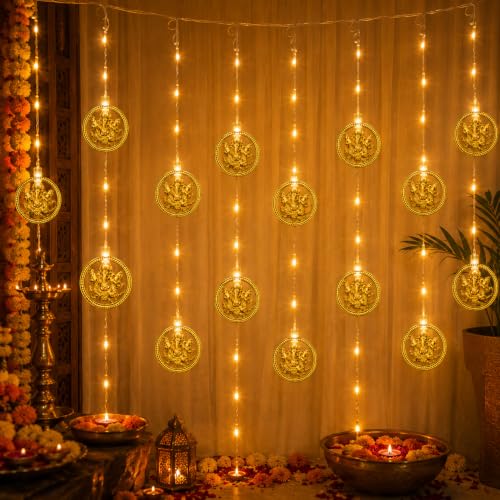Image of MoonlitDreams Ganesh LED String Lights, 10 Golden Metallic Decorative Lights, 3 Meter Plug-in Lights for Diwali Decoration, Ganpati, Mandir, Pooja Room & Home Decor (Pack of 1)