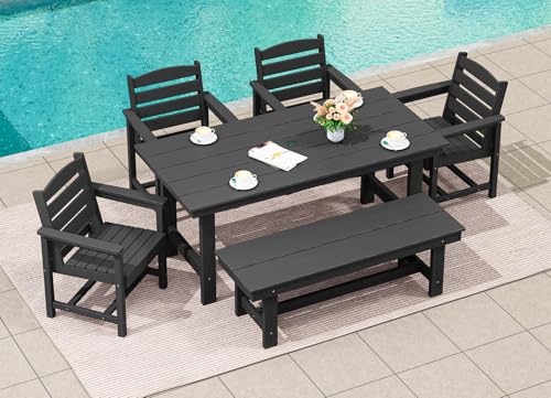 Image of SERWALL 6-Person Outdoor Dining Table - 67 inch Rectangle HDPE Patio Table with Center Umbrella Hole, Weatherproof, Black