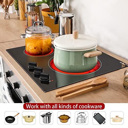 Karinear 24'' Electric Cooktop 3 Burners Ceramic Cooktop, Built-in Electric Stove Top Knob Control, Hot Warning, Over-Temperature Protection, 9 Power Setting, 220-240v, 5700W, Hard Wire (No Plug)