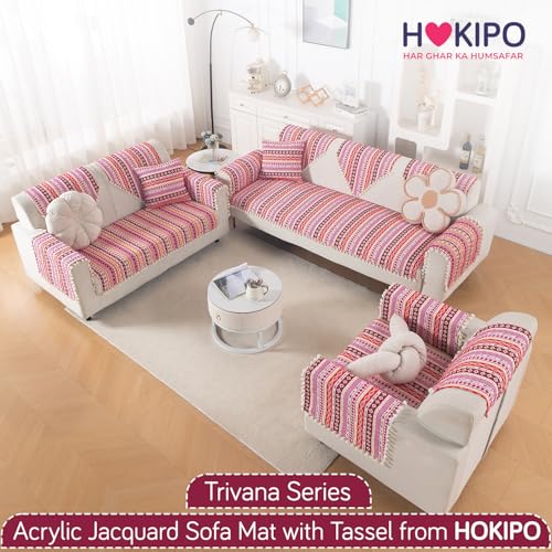 Image of HOKIPO Sofa Cover Mat with Tassel | 300 GSM Cotton Acrylic Jacquard for 3 Seater Sofa,'Trivana Series' Hot Pink (IN-936-J3*S)