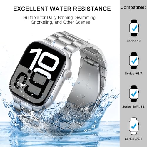 Image of HITZEE Compatible with Apple Watch Band 46 /45 /44 /42mm Business Stainless Steel Metal Strap Men Women Link Bands Compatible for iWatch SE3-1 Series 11 10 9 8 7 6 5-1, 42 /44 /45 /46mm Silver