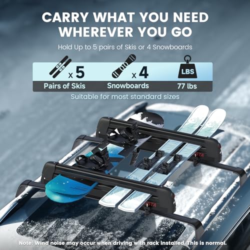 Alpinista Ski & Snowboard Rack for Car Roof with Sliding Extension, Snowboard Roof Rack Fits 5 Ski Pairs or 4 Snowboards, Aluminum, Universal for Square/Rectangular/Aero Bars