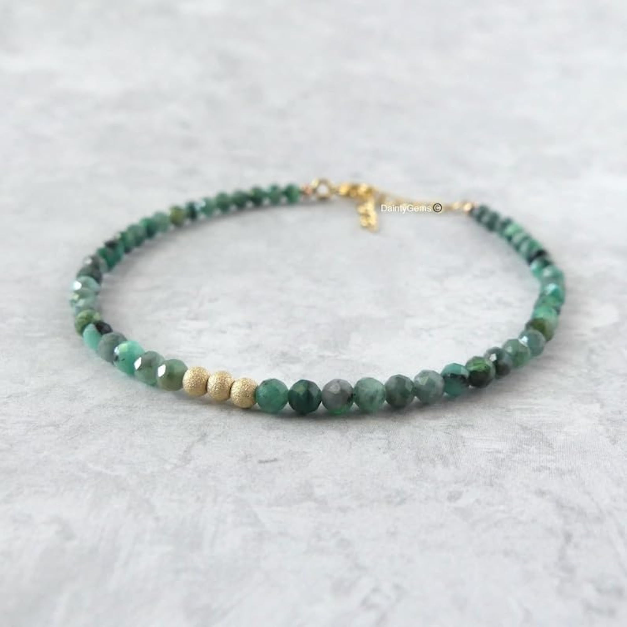 Emerald Round Beaded Bracelet with Gold Lock, Adjustable