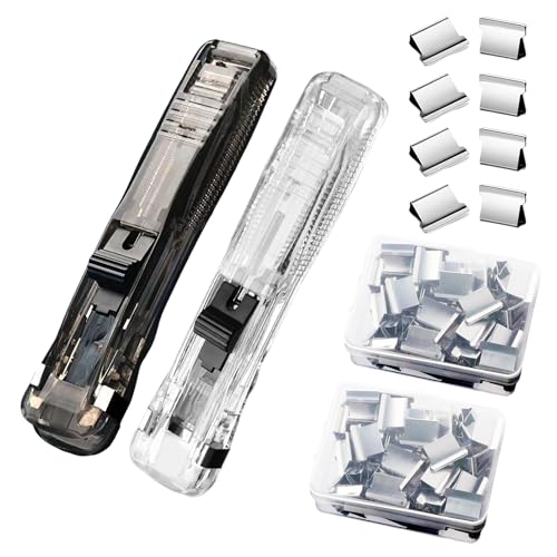 Image of 2 Pcs Handheld Reusable Creative Stapler Push Stapler Clips Paper Clamp Dispenser 40 Sheet Capacity with 100 Stainless Steel Refill Binder Clips for Office Document School Supplies