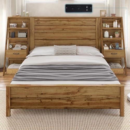 Image of AMERLIFE King Size Platform Bed Frame with Wide Headboard & Bookshelves