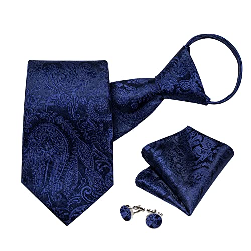 Image of DiBanGu Silk Zipper Ties for Men,Paisley Solid Plaid Pre-tied Tie and Pocket Square Cufflinks Set Formal Adjustable Necktie