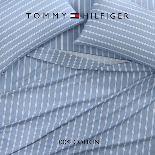 Image of Tommy Hilfiger - King Bed Sheets, Crisp & Cool Cotton Percale Bedding with Matching Pillowcases, Lightweight Bed Set, Oeko-Tex Certified (Effortless Stripe Blue)