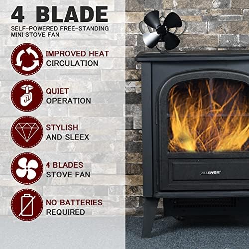4 Blade Mini Stove Fan Heat Powered Wood Log Burner Fan for Wood Burning Stove/Silent Operation Heat Distribution for Wood/Log Burner/Fireplace Accessories