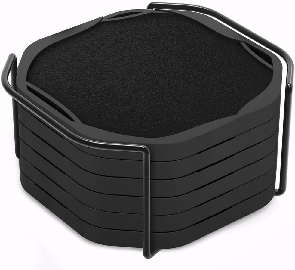 UMIRRO Black Octagon 4" Felt & Silicone Drink Cup Coasters Set of 6 with Holder - Super Absorbent, Built-in Leak Protection, Non-Stick, Modern Coasters for Coffee Table, Desk & Home Decor