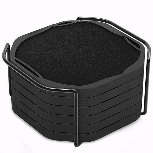 UMIRRO Black Octagon 4" Felt & Silicone Drink Cup Coasters