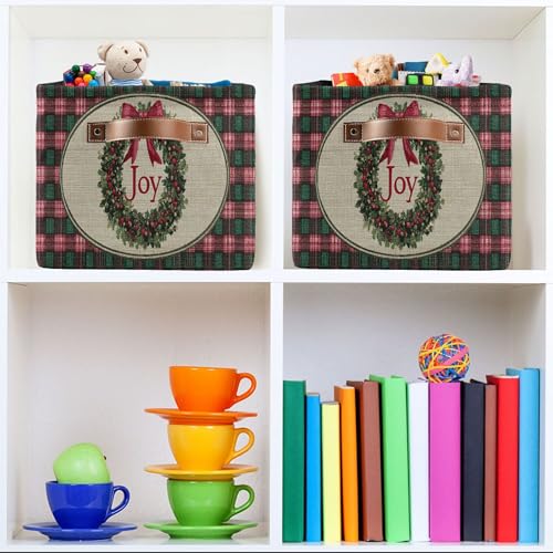 Image of Christmas Joy Wreath Bow Knot Storage Basket with Waterproof Liner and PU Handles Winter Poinsettia Buffalo Plaid Storage Bins Boxes 14.2 inch Collapsible Decorative Baskets for Bedroom Office 1 Pack