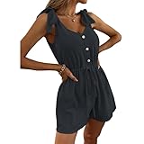 PrinStory Combinaison d'été décontractée pour femme, col en V, boutonnée, sans manches, avec poches