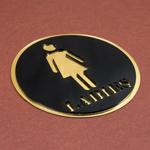 Image of Ladies Round Acrylic Signage Sticker - Self-Adhesive Women Restroom Sign for Office, Storefront, Business & Shop - Premium Black Gold Label for Glass & Smooth Surfaces