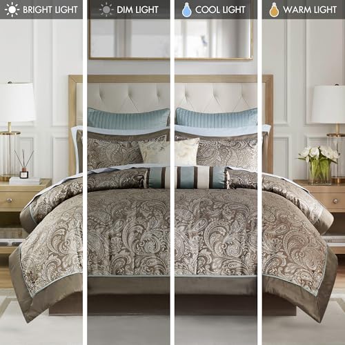 Image of Madison Park Aubrey Cozy Comforter Set, Faux Silk Jacquard Paisley Design - All Season Down Alternative Bedding with Cotton Bed Sheets, Bed Skirt & Toss Pillows, California King Blue 12 Piece