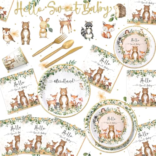 Remerry 403 Pcs Woodland Baby Shower Decorations for 50, Safari Jungle Animal Paper Plates Napkins Cups Cutlery Tablecloth and Banner Disposable Tableware Set for Woodland Baby Shower Party Supplies by Remerry - Image 5
