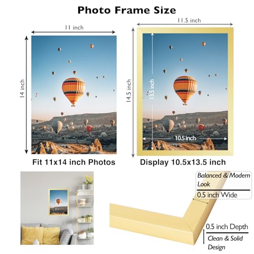 Image of JCJMY 11x14 Picture Frame Gold for Wall Hanging, Wall Mounting Horizontally or Vertically, 11 x 14 Wall Gallery Poster Photo Frame with Shatter Resistant Plexiglass, Gold