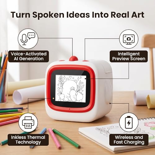 Image of AI Voice Sticker Printer, Smart Thermal Printer with Bluetooth, 2.4 Inch Preview Screen, Inkless Technology, Black and White Print, Custom Plays