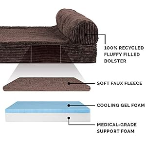 Furhaven Cooling Gel Dog Bed for Large Dogs w Removable Bolster Washable Cover For Dogs Up to 125 lbs Fleece Corduroy Bolster Chaise Dark Espresso Jumbo PlusXXL