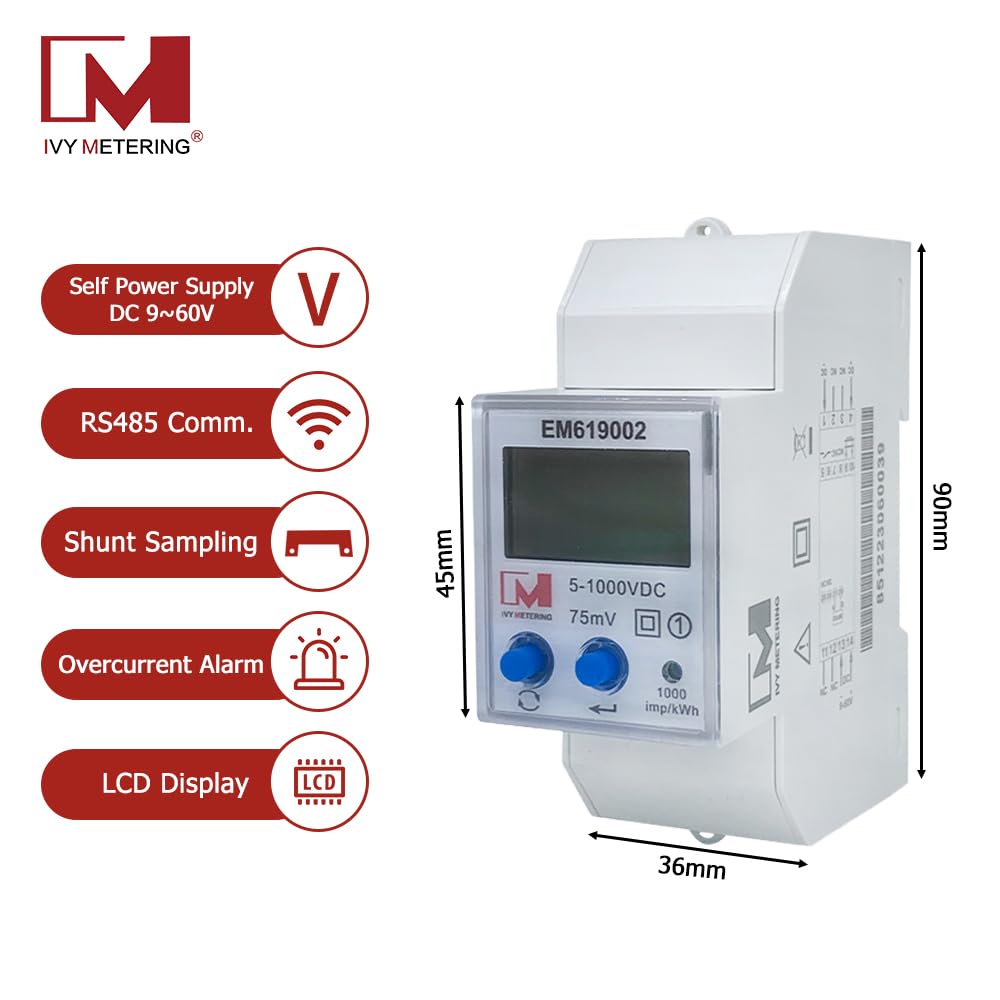 Ivy EM619002, jednofazowy miernik energii RS485 DLT645 i Modbus 2000 A, 1000 VDC, kWh, inteligentny miernik energii, z pulsomierzem i wyświetlaczem LCD