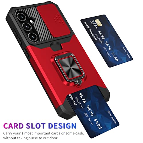 Image of LuxuryKase Shockproof Armor Case for Samsung Galaxy S26 | Slide Camera Cover | Hidden Card Slot | Rotating Ring Kickstand | Magnetic Car Mount Support | Military Grade Protection - Red