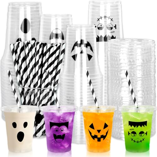 Whaline 60 Pcs Halloween Disposable Plastic Cups with Lids and Straws 12 oz Vampire Monster Ghost Pumpkin Cold Beverage Drinking Cups for Birthday Party Favors