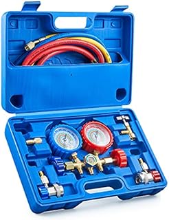 OMT AC Gauges, AC Manifold Gauge Set for R134a R12 R22 R502, 3 Way Automotive AC Gauge Set with Antishock Gauges Hoses Couplers Adapter, Puncturing Can Tap Freon Recharge Kit, Blue Case