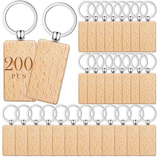 Bucherry 200 Pcs Wooden Keychain Blanks Wood Key Chains Bulk Laser Engraving Wooden Keychain Blanks Unfinished Rectangle Key Ring Tag for DIY Gift Crafts