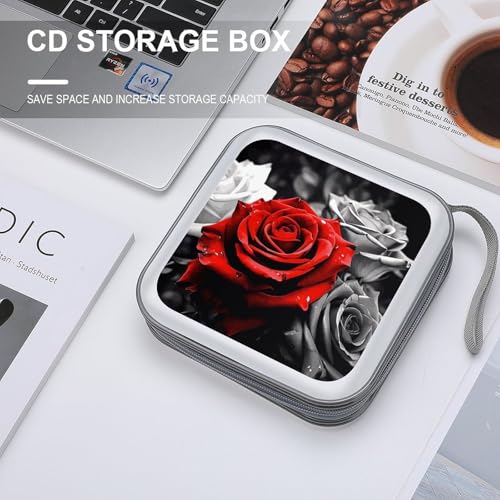 Étui de rangement CD/DVD 40 compartiments au design moderne de roses noires blanches et rouges