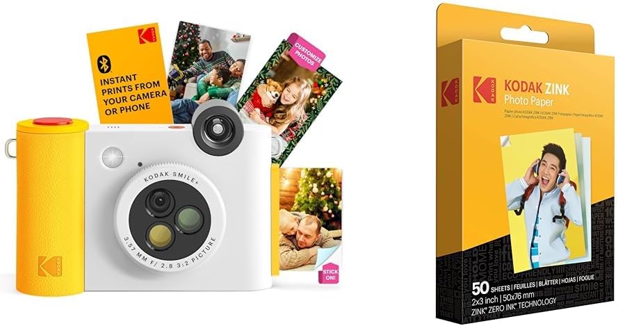 KODAK Smile+ 2-in-1 Digital Instant Print Camera & Wireless Bluetooth Photo Printer + KODAK 2"x3" Premium Photo Paper (50 Sheets)