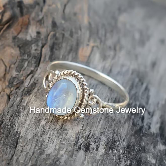 Exquisite Oval Rainbow Moonstone Ring - Vintage Handmade Gemstone Jewelry, Blue Flash Healing Crystal, Perfect June Birthstone Gift