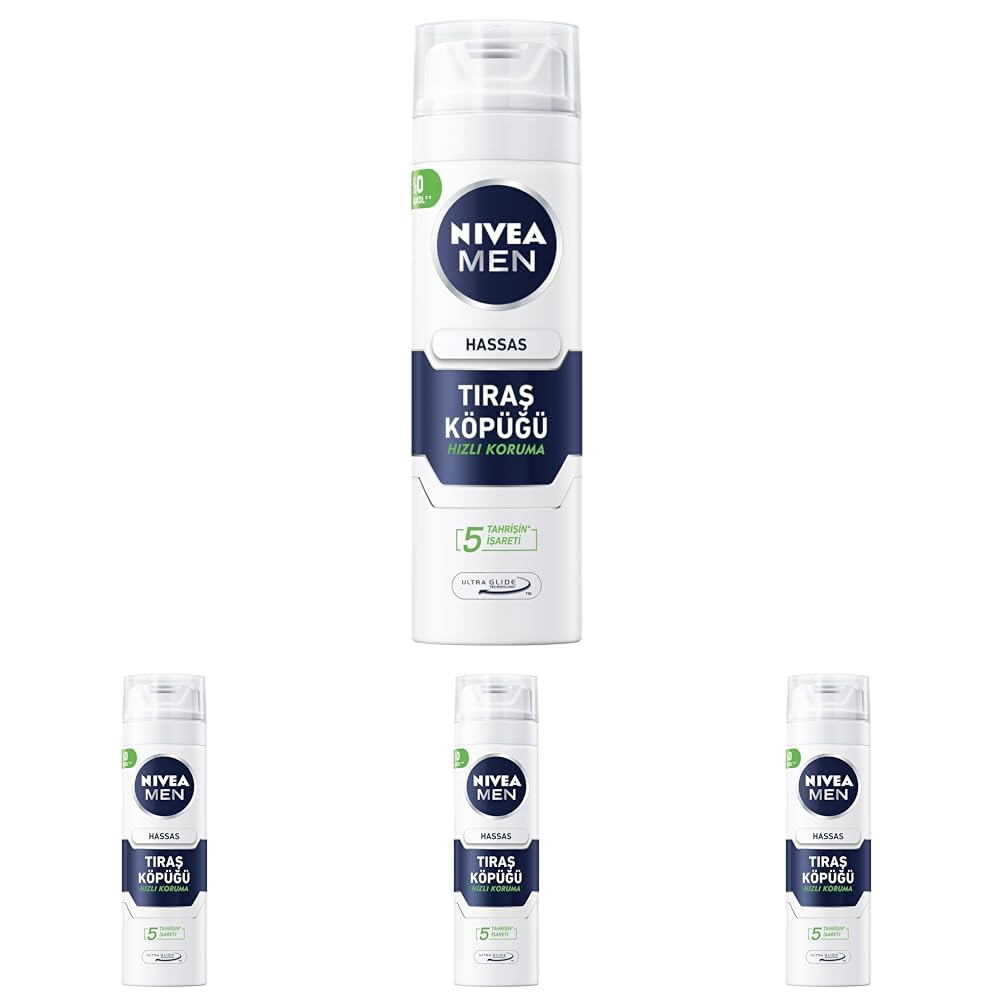NIVEA MEN Erkek Hassas Tıraş Köpüğü 200 ml, Hassas Ciltlere Özel Hızlı Koruma, Yanma Karşıtı, Alkolsüz Formül (4 paketi)