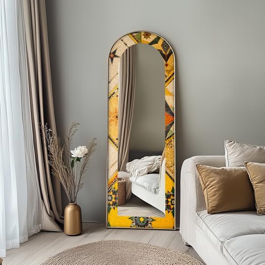 23,5’’W x 67’’H Golden & Brown Elegance – Mosaic Floor Mirror Arched Full Lenght Mirror - Arch Full Body Stained Floor Mirror with Black Frame with Silver Frame