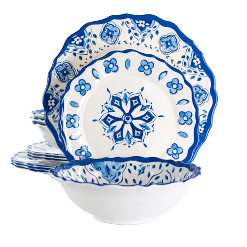 Elama Lightweight Dinnerware Set, 12 Piece, White and Blue