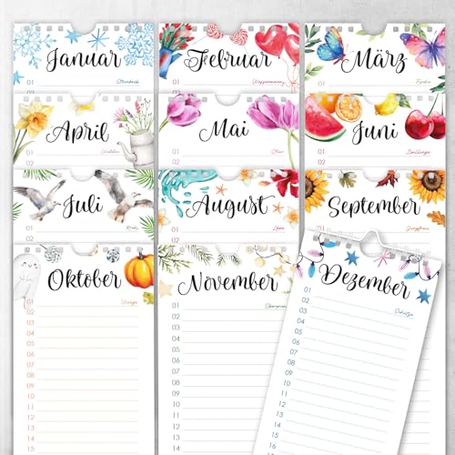 younikat Geburtstagskalender mit Spiralbindung I 10,5 x 29,7 cm I Jahresunabhängig I Dauerkalender Geburtstag mit Sternzeichen I Aquarell I you0001