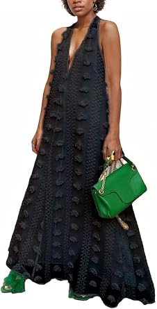 Womens Halter Baggy Flowy Maxi Dress Flower Design Loose Sleeveless V-Neck Floor Length Long Dresses