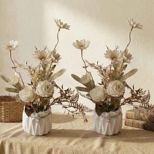 Image of Dekorly Artificial Lavender Plant in White Pot, 18cm - Realistic Faux Flower Arrangement for Home & Office Decor (Set of 1) (2, White Dry ROS)