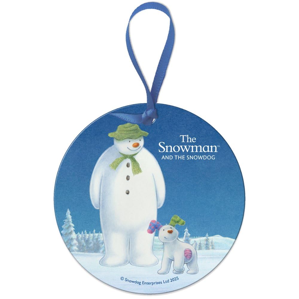 Round Metal Dangler Ornament Sign (75 mm Diameter) - The Snowman and the Snowdog (Standing in the Snow)