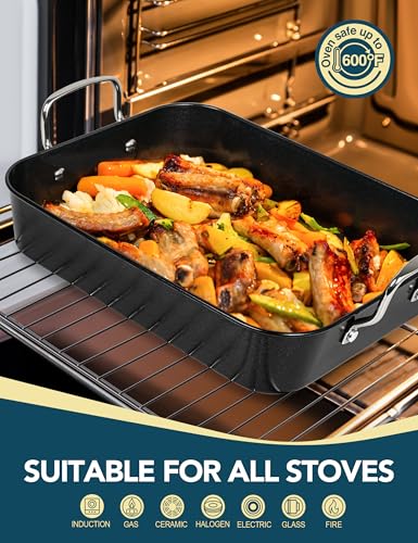 MICHELANGELO Carbon Steel Roasting Pan with Rack, Turkey Roasting Pan 15 Inch x 11 Inch, Nonstick Turkey Roaster Pan with Stainless Steel Rack, Induction Compatible - Thumbnail 5