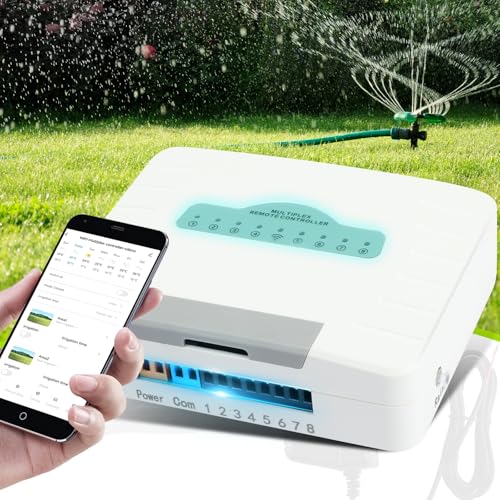 Fexhull Zone Smart Sprinkler Controller, 8 Zone with APP Control, Auto Rain Adjustment, Hyper-Targeted Watering, Sprinkler Timer for Outdoor Garden, Yard, Lawns