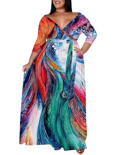 Image of SUZONANA Plus Size Maxi Dresses for Curcy Women Casual Loose 3 /4 Sleeve Long Dress with Belt