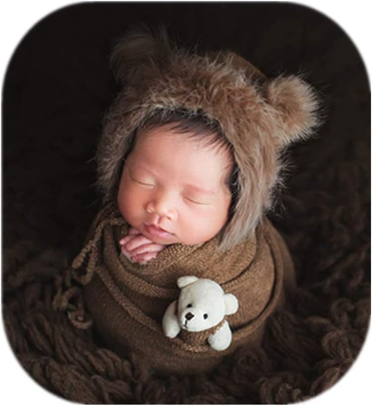 Newborn Photography Props Outfits Girl Boy Teddy Bear Hat with Wrap Stretch Blanket Baby Photo Props