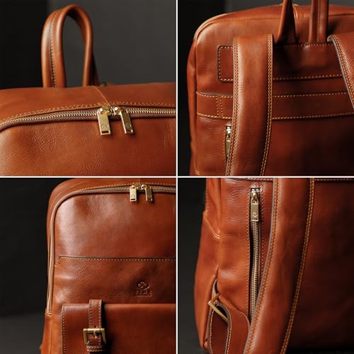 Image of Time Resistance Leather Backpack for Men and Women - Laptop Bag up to 15 inch - Cognac Brown Business Rucksack