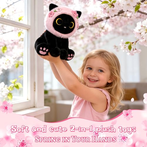 Image of Black Cat Plush with Removable Sakura Flower Hood - 8 inch Cute Stuffed Animal for Spring, Soft Kawaii Cat Plushie, Flower & Cherry Blossom Gift for Girls & Moms