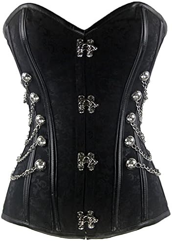 Women's Spiral Brocade Steel Boned Retro Steampunk Gothic Bustier Corset with Buckle (Black Corset, L/Waist: 26-28inch, Bust:35-37inch)