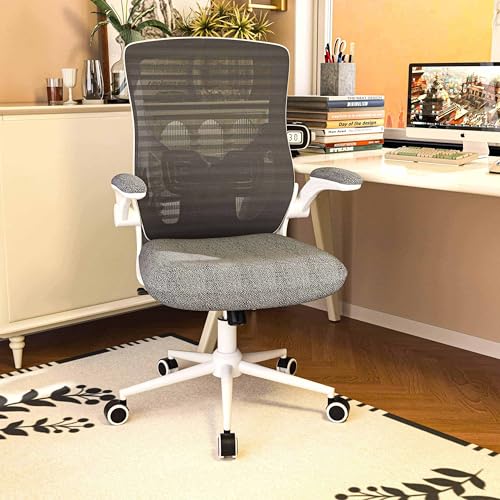 Ergonomic Office Chair for Long Hours & Lower Back Pain Relief – Memory Foam Seat Cushion, Adjustable Padded Lumbar Support, and Padded Flip-up Armrests, Ideal for Office or Study, Grey/White