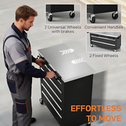 HOMCOM Carro de Herramientas con 5 Cajones y Cerradura, Carro de Taller con Ruedas con Freno, Encimera de Acero Inoxidable, Caja de Herramientas con Conectores Laterales para Garaje, Negro y Plata - imagen 7