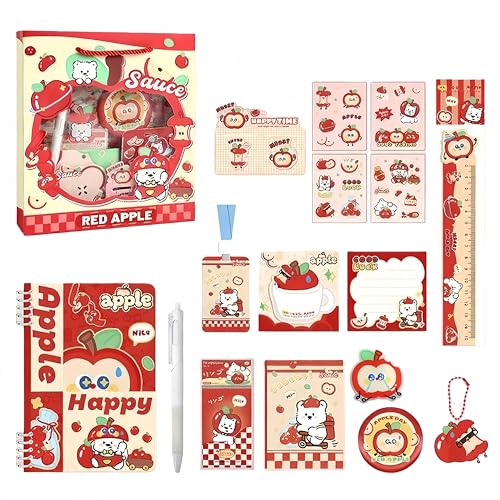 Set de papeterie Kawaii chien Apple rouge : carnet A5, autocollants et bloc-notes