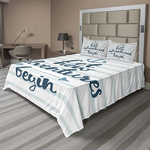 Ambesonne Adventure Sheet Set, Nautical Stripes Anchor and Arrow Text Sea Travel Cruise, Fitted and Flat Sheet with Pillowcases Bedding Accent 4 Piece Set, Queen, Night Blue Pale Blue