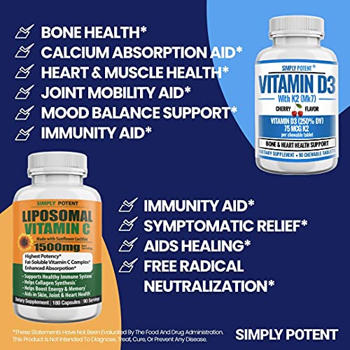 Simply Potent Essential Vitamins Bundle- Liposomal Vitamin C 1500Mg And Vitamin D3 With K2 Bundle #TOP3