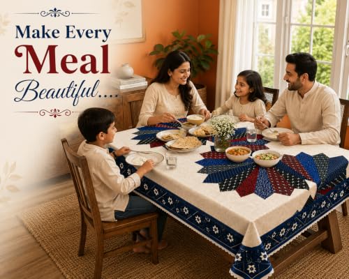 Image of Floral Dining Table Cover for 4 Seater | 58 x 38 Inch Rectangle Polyester Table Cloth | Washable Fabric Table Cover for Dining Table | Dust & Scratch Protection | Blue Tie